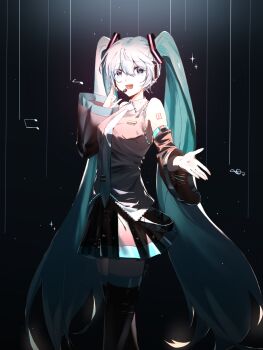 Rule 34 | 1girl, aqua eyes, aqua hair, aqua necktie, aqua trim, arm tattoo, black skirt, black sleeves, breasts, collared shirt, commentary request, detached sleeves, grey shirt, hair between eyes, hair ornament, hanziduck, hatsune miku, headset, highres, long hair, long sleeves, medium breasts, miniskirt, musical note, necktie, number tattoo, open mouth, pleated skirt, shirt, skirt, sleeveless, sleeveless shirt, smile, tattoo, thighhighs, twintails, very long hair, vocaloid, wide sleeves, zettai ryouiki