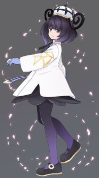 1girl abe_kanari black_dress black_pantyhose black_shoes blue_gloves blunt_bangs bob_cut closed_mouth coat dress eyelashes from_side gloves gradient_pantyhose grey_background gwynn_(pokemon) highres long_sleeves looking_at_viewer nintendo pantyhose partially_fingerless_gloves pokemon pokemon_legends:_z-a purple_eyes purple_hair purple_pantyhose shoes short_hair smile solo white_coat