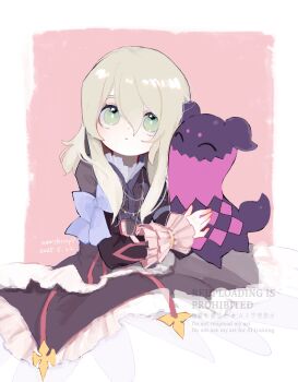 1girl absurdres artist_name blonde_hair blush commentary_request creature dated dress elize_lutus frilled_dress frilled_sleeves frills green_eyes hair_between_eyes highres long_hair nancykittyu parted_lips sitting smile solo tales_of_(series) tales_of_xillia teepo_(tales)