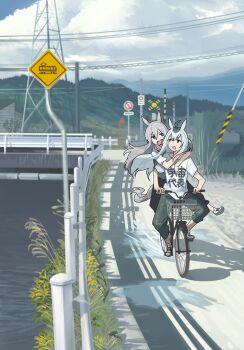 2girls absurdres alternate_costume animal_ears aqua_eyes arms_around_neck ashinowoto behind_another bicycle bicycle_basket black_hair bridge casual clothes_writing day fang floating_hair full_body grey_hair hair_between_eyes highres horse_ears horse_girl horse_tail long_hair looking_at_another multicolored_hair multiple_girls multiple_riders oguri_cap_(umamusume) open_mouth outdoors pants puddle purple_eyes railing riding riding_bicycle river road_sign shirt shoes short_sleeves sign slice_of_life splashing tail tamamo_cross_(umamusume) umamusume very_long_hair water white_hair