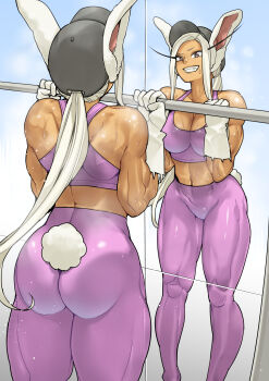 1girl animal_ears ass baseball_cap boku_no_hero_academia breasts butt_crack cleavage exercising gloves grey_eyes hat highres leggings midriff mirko mirror muscular muscular_female ponytail pullups rabbit_ears rabbit_tail reflection shosho_oekaki shoulder_blades sidelocks skin_tight sports_bra sportswear sweater tail weightlifting white_hair workout_clothes