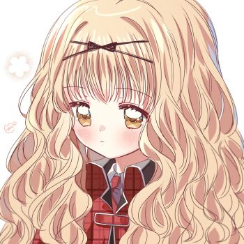 Rule 34 | 1girl, black bow, blonde hair, blush, bow, closed mouth, collared shirt, commentary, hair bow, highres, long hair, mashiro rima, plaid clothes, plaid shirt, portrait, red shirt, shirt, shugo chara!, signature, simple background, solo, symbol-only commentary, wavy hair, white background, wing collar, yalmyu, yellow eyes