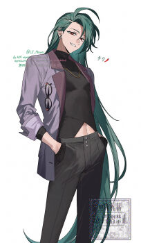 1girl artist_name black_gloves black_pants black_shirt clothing_cutout colored_eyelashes commentary_request cowboy_shot ear_piercing earrings eyewear_hang eyewear_in_pocket glasses gloves green_hair grey_jacket grin half_gloves hands_in_pockets highres jacket jewelry kitsune_(ly_howe) lapels long_hair long_sleeves looking_at_viewer navel navel_cutout necklace nintendo official_alternate_costume official_alternate_hairstyle open_clothes open_jacket pants piercing pokemon pokemon_masters_ex pokemon_sv red_eyes rika_(palentine's_2026)_(pokemon) rika_(pokemon) shirt simple_background smile solo standing turtleneck twintails unworn_eyewear very_long_hair watermark white_background