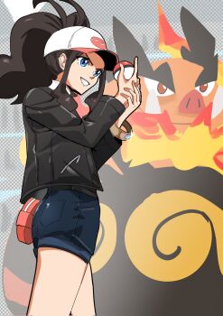 1girl baseball_cap denim denim_shorts emboar fiery_hair fire gen_5_pokemon hat highres hilda_(pokemon) holding holding_poke_ball jacket leather leather_jacket long_hair nintendo poke_ball poke_ball_print pokemon pokemon_(creature) pokemon_bw ponytail shorts tusks wildou_p