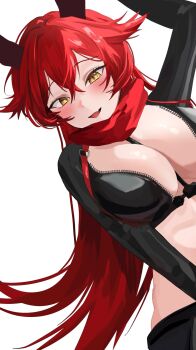 between_breasts blush breasts cleavage fang fingerless_gloves gloves goddess_of_victory:_nikke hair_between_eyes highres horns jacket large_breasts leather leather_jacket leather_pants long_hair looking_at_viewer midriff navel open_mouth pants red_hair red_hood_(nikke) red_scarf scarf simple_background skin_fang smile tato0324iti white_background yellow_eyes