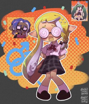 1boy 1girl ariamikukanzaki arms_behind_back blonde_hair book coke-bottle_glasses commentary confessions_of_a_rotten_girl_(vocaloid) cosplay dark-skinned_male dark_skin eyebrow_cut glasses halftone halftone_background hatsune_miku hatsune_miku_(cosplay) hirooooo_(splatoon) holding holding_book kagamine_len kagamine_len_(cosplay) mars_symbol medium_skirt nintendo opaque_glasses plaid_clothes plaid_skirt plus_danshi_(vocaloid) pointy_ears reference_inset semi-rimless_eyewear shirt signature skirt snot_trail socks splatoon_(series) splatoon_3 sweat tentacle_hair under-rim_eyewear veronika_(splatoon) very_dark_skin vocaloid white_shirt white_socks