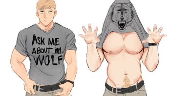 1boy ask_me_about_my_wolf_(meme) bara bare_pectorals belt blonde_hair caco_(cacosphera) claw_pose clothes_lift dungeon_meshi grey_shirt highres laios_touden large_pectorals male_focus meme multiple_views muscular muscular_male navel navel_hair nipples pectorals shirt shirt_lift t-shirt white_background wolf yellow_eyes