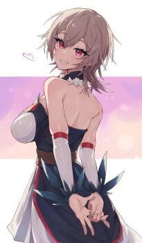 1girl arms_behind_back back blue_dress blurry blush bokeh breasts brown_hair commentary_request depth_of_field double-parted_bangs dress elbow_gloves feather_trim fur_trim furen_e_lustario furen_e_lustario_(1st_costume) gloves heart highres large_breasts letterboxed long_eyelashes looking_at_viewer looking_back medium_hair muco_lita nijisanji orange_background outside_border pink_background polka_dot polka_dot_background red_eyes smile solo upper_body virtual_youtuber white_dress white_gloves