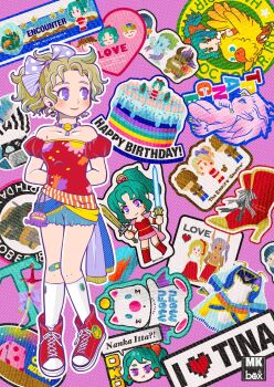 adapted_costume aircraft airship bandaid bandaid_on_leg bare_shoulders bird birthday_cake blonde_hair blue_skirt boots cake character_name chibi chibi_inset chocobo closed_mouth commentary_request couple dark-skinned_male dark_skin detached_sleeves dress dual_wielding earrings final_fantasy final_fantasy_vi food full_body green_hair happy_birthday hetero highres holding holding_sword holding_weapon horns jewelry long_hair madeline_(ff6) maduin_(ff6) miri_(mirik) moogle multiple_views pink_hair ponytail puffy_short_sleeves puffy_sleeves purple_eyes purple_hair red_boots red_dress red_eyes red_shirt red_shoes red_skirt riding riding_bird sash shirt shoes short_sleeves skirt smile sneakers socks sword tan tent tina_branford topless_male trance_terra_branford waist_sash weapon white_shirt white_socks