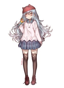 1girl animal_ear_legwear animal_hat artist_name blouse blue_shirt blue_skirt boots bsapricot casual cat_ear_legwear cat_ear_thighhighs cat_hat cat_legwear cat_thighhighs choker collared_shirt commentary crepe drowsy eating female_focus food g11_(girls&#039;_frontline) girls&#039;_frontline hair_between_eyes half-closed_eyes hat highres holding holding_crepe holding_food jewelry kneehighs long_hair long_sleeves messy_hair necklace pink_sweater plaid_clothes plaid_skirt pleated_skirt red_footwear shirt shoes sidelocks simple_background skirt sleepy sleeves_past_wrists socks solo standing sweater twitter_username untied_shoelaces white_background woollen_cap