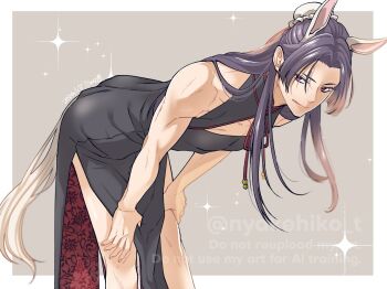 Rule 34 | 1boy, animal ears, bare shoulders, bent over, black dress, border, bun cover, china dress, chinese clothes, cleavage cutout, clenched teeth, clothing cutout, commentary request, crossdressing, crossdressing (mtf), dated, dress, feet out of frame, floral print, floral print dress, grey background, hair bun, half updo, highres, horse boy, horse ears, horse tail, jinshi (kusuriya no hitorigoto), kemonomimi mode, kusuriya no hitorigoto, long hair, male focus, parted bangs, parted lips, pelvic curtain, print dress, purple hair, red dress, red eyes, solo, sparkle, tail, takehide, teeth, twitter username, two-sided dress, two-sided fabric, white border