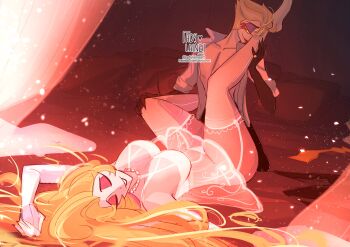 Rule 34 | 1boy, 1girl, absurdres, adylaineart, blonde hair, blush stickers, commentary, couple, demon boy, demon girl, english commentary, english text, hair slicked back, hazbin hotel, hellaverse, hetero, highres, husband and wife, lilith (hazbin hotel), lingerie, looking at another, lucifer morningstar (hazbin hotel), underwear