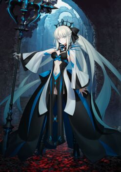1girl arm_at_side black_boots black_bow black_dress black_tiara blue_bow blue_eyes blue_hair blue_tattoo boots bow braid breasts cleavage closed_mouth clothing_cutout dress expressionless fate/grand_order fate_(series) floating_hair full_body game_cg gradient_hair hair_bow halterneck hand_up high_heel_boots high_heels holding holding_polearm holding_weapon legs_apart long_dress long_hair long_sleeves looking_at_viewer medium_breasts morgan_le_fay_(fate) morgan_le_fay_(third_ascension)_(fate) multicolored_hair navel official_art outstretched_arm pelvic_curtain polearm ponytail pubic_tattoo shrug_(clothing) sidelocks sleeveless sleeveless_dress solo spikes standing stomach_cutout takeuchi_takashi tattoo thigh_boots third-party_source tiara variant_set very_long_hair weapon white_hair white_shrug wide_ponytail wide_sleeves