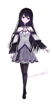 1girl absurdres akemi_homura argyle_clothes argyle_pantyhose black_hair black_pantyhose commentary_request hairband highres leo-zero long_hair looking_at_viewer magical_girl mahou_shoujo_madoka_magica mahou_shoujo_no_majo_saiban pantyhose purple_eyes skirt white_background