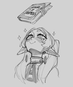 1girl absurdres book capelet commentary cropped_shoulders dkajart earrings elf english_commentary frieren grey_background greyscale grimoire hair_over_shoulder head_back highres jewelry long_hair long_pointy_ears looking_up monochrome parted_bangs pointy_ears simple_background smile solo sousou_no_frieren teardrop_earrings twintails upward_angle_frieren_drawing