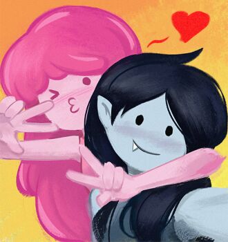 &gt;_o 2girls adventure_time arm_around_neck black_hair blush closed_mouth colored_skin commentary double_w fang grey_skin heart long_hair marceline_abadeer multiple_girls nose_blush o3o one_eye_closed pink_eyes pink_hair pointy_ears princess_bonnibel_bubblegum simple_background smile solid_oval_eyes spoken_heart w xszwhr