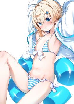 1boy absurdres arm_behind_head arms_up bikini blonde_hair blue_eyes blush bulge closed_mouth commentary_request crossed_bangs flat_chest frilled_bikini frills front-tie_bikini_top front-tie_top hair_between_eyes highres innertube jacket long_sleeves looking_at_viewer male_focus micro_bikini navel open_clothes open_jacket original puffy_long_sleeves puffy_sleeves reclining short_hair side-tie_bikini_bottom simple_background smile solo string_bikini striped_bikini striped_clothes swim_ring swimsuit trap uro_(urotanc) white_background white_jacket