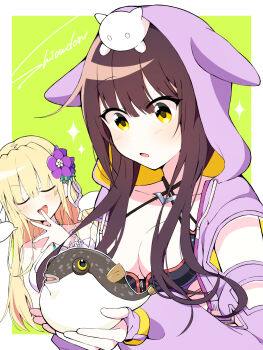 2girls :d animal animal_hood animal_on_head asakura_karen_(heaven_burns_red) bikini black_bikini black_hair blonde_hair blunt_bangs blush border breasts cat cat_hood cat_on_head closed_eyes collarbone commentary_request criss-cross_halter eyes_visible_through_hair fish flower green_background hair_between_eyes hair_flower hair_ornament halterneck hand_up heaven_burns_red highres holding holding_animal holding_fish hood hood_up hooded_jacket jacket long_hair long_sleeves looking_at_animal medium_breasts multiple_girls official_alternate_costume on_head open_mouth outside_border puff_of_air puffer_fish purple_flower purple_jacket ribbon simple_background sleeves_past_wrists smile smug sparkle swimsuit toujou_tsukasa upper_body watermark white_bikini white_border xdjf63qbpt0iqmj yellow_eyes