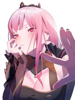 1girl black_cape black_dress black_tiara blush breasts cape cleavage detached_sleeves dress hashtag-only_commentary highres hololive hololive_english jewelry large_breasts long_hair looking_at_viewer mori_calliope mori_calliope_(1st_costume) o5i01500 pink_eyes pink_hair red_eyes shoulder_spikes single_detached_sleeve skull_choker solo spiked_cape spikes tiara upper_body veil virtual_youtuber
