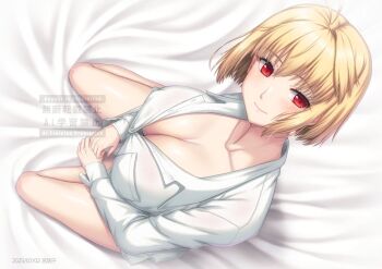 1girl ahoge arcueid_brunestud bare_legs blanket blonde_hair blush breasts cleavage collared_shirt commentary_request from_above hair_intakes huge_breasts looking_at_viewer miyai_sen on_bed red_eyes shirt short_hair sitting smile thighs tsukihime tsukihime_(remake) wariza watermark white_shirt