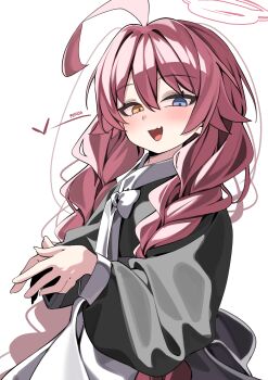 1girl absurdres blue_archive blush braid dress hair_between_eyes halo heart heterochromia highres hoshino_(blue_archive) korean_commentary long_hair looking_at_viewer open_mouth pink_hair pink_halo rirua_(kjom802) simple_background twin_braids very_long_hair watermark white_background
