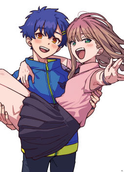 1boy 1girl absurdres asanaka_yomogi blue_hair blush brown_hair carrying commentary_request couple green_eyes gridman_universe gridman_universe_(movie) hair_ornament hairclip hetero highres jacket long_hair looking_at_viewer minami_yume mitsurugi_sugar princess_carry scar scar_on_leg shirt short_hair skirt smile yellow_eyes