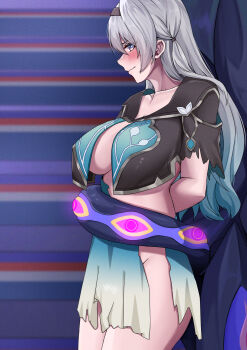 1girl blush breasts collarbone commentary dress english_commentary firefly_(honkai:_star_rail) green_hair grey_hair highres honkai:_star_rail honkai_(series) large_breasts long_hair ryuichi_(tk_ryuichi) something_unto_death_(honkai:_star_rail) tentacles thighs torn_clothes torn_dress