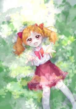 1girl aisaki_emiru bow bowtie brown_hair commentary dappled_sunlight day from_above hair_bow highres hugtto!_precure kneehighs long_sleeves looking_at_viewer lying manekineko5319 medium_hair on_back on_ground open_mouth outdoors pleated_skirt precure reaching reaching_towards_viewer red_bow red_bowtie red_eyes red_skirt school_uniform shirt skirt smile socks solo sunlight white_shirt white_socks
