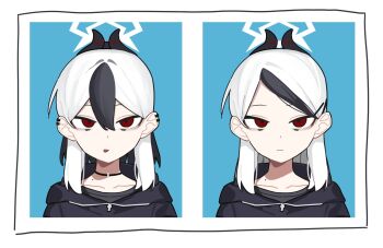 Rule 34 | 1girl, black hair, black shirt, blue archive, choker, closed mouth, collarbone, earclip, fataaa, hair between eyes, halo, highres, hood, hoodie, horns, kayoko (blue archive), looking at viewer, medium hair, mole, mole on neck, multicolored hair, multiple views, parted bangs, red eyes, shirt, straight-on, streaked hair, tongue, tongue out, white hair