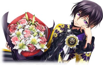 1boy black_hair chair code_geass code_geass:_lost_stories f4samurai flower game_cg highres lelouch_vi_britannia official_art purple_eyes red_flower short_hair simple_background smile solo teeth transparent_background