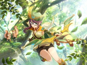 1girl blurry blurry_foreground bow_(weapon) bridal_gauntlets brown_shorts cosplay game_cg glasses green_eyes green_hat hat holding holding_bow_(weapon) holding_weapon hoshimi_junna long_hair looking_at_viewer official_art purple_hair robin_hood robin_hood_(cosplay) shorts shoujo_kageki_revue_starlight shoujo_kageki_revue_starlight_-re_live- sidelocks solo squirrel standing tree upper_body weapon