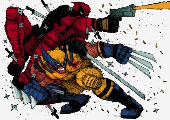 2boys absurdres arm_hair azoinab belt black_gloves bleeding blood blood_on_face bloody_weapon blue_gloves bodysuit boots bullet_hole claw_(weapon) clenched_hands clenched_teeth commentary commission deadpool deadpool_&amp;_wolverine deadpool_(series) dual_wielding english_commentary fighting_stance gloves gun highres holding holding_gun holding_sword holding_weapon katana knife male_focus marvel mask multicolored_bodysuit multiple_boys muscular muscular_male red_bodysuit red_mask shuriken sleeveless smirk stab superhero_costume sword teeth two-tone_bodysuit utility_belt weapon wolverine_(x-men) x-men yellow_bodysuit