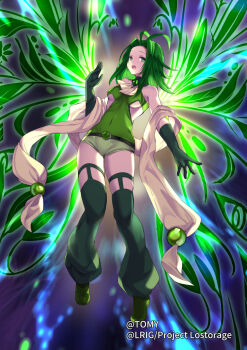 1girl antenna_hair copyright_notice elbow_gloves gloves green_eyes green_gloves green_hair green_leg_warmers green_shirt green_shoes highres leg_warmers long_hair looking_at_viewer midoriko_(wixoss) official_art open_mouth shirt shoes shorts solo white_shorts wings wixoss yoshizawa_tsubaki