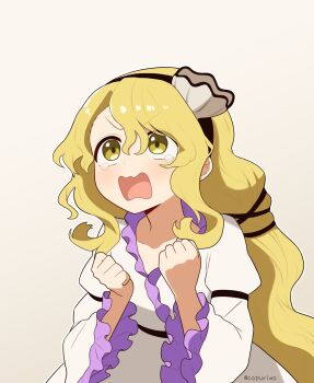 1girl absurdres black_hairband blonde_hair clenched_hands commentary dress frilled_dress frilled_sleeves frills hair_ornament hairband highres kapuri_(capuriwa) long_hair long_sleeves open_mouth shell shell_hair_ornament solo tearing_up textless_version touhou twitter_username very_long_hair watari_nina white_dress wide_sleeves yellow_eyes
