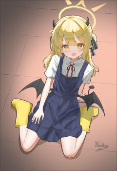 1girl absurdres arm_behind_back arm_on_thigh black_horns black_tail black_wings blonde_hair blue_archive boots commentary demon_girl demon_horns demon_tail demon_wings dress fang hair_tie halo highres horns ibuki_(blue_archive) kneeling looking_at_viewer low_wings medium_hair open_mouth pinafore_dress shirt simple_background skirt sleeveless sleeveless_dress tail tile_floor tiles untranslatable_commentary white_shirt wings yellow_boots yellow_halo youran_yuuko