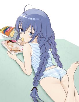1girl arm_support ass bag_of_chips bare_legs barefoot blue_eyes blue_panties braid braided_twintails chips_(food) choppy_bangs commentary_request crotch_seam eating food foot_out_of_frame foot_up green_background hair_between_eyes highres loli long_bangs long_hair looking_at_viewer looking_back low_twintails lying magazine_(object) mushoku_tensei no_pants on_stomach panties photo_(object) plaid_clothes plaid_panties pornography potato_chips purple_hair rora_(user_vgpk4444) roxy_migurdia shirt sleeveless sleeveless_shirt solo striped_clothes striped_shirt turning_head twintails two-tone_background underwear very_long_hair white_background