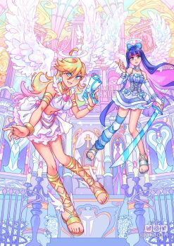 2girls akuo angel angel_wings blonde_hair blue_eyes blunt_bangs bow breasts candle church cleavage colored_inner_hair corset crop_top cross dress earrings english_text gladiator_sandals gothic_lolita gun hair_bow halo heart_ornament holding holding_gun holding_sword holding_weapon hoop_earrings jewelry large_breasts latin_cross legs lolita_fashion long_hair looking_at_viewer medium_breasts midriff multicolored_hair multiple_girls navel panty_&amp;_stocking_with_garterbelt panty_(psg) picture_frame pink_hair purple_hair sandals siblings sisters skirt smile stocking_(psg) striped_clothes striped_leggings striped_thighhighs sword thighhighs thighs traditional_halo twitter_username two-tone_hair underwear watermark weapon winged_sandals wings