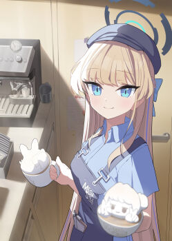 1girl absurdres applepie_(12711019) apron blonde_hair blue_archive blue_eyes blue_shirt character_request coffee_maker commentary cup drinking_glass food halo hat highres holding holding_cup indoors long_hair shirt smile solo standing toki_(blue_archive) untranslatable_commentary upper_body