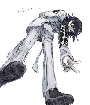 1boy absurdres arm_behind_back arm_belt belt black_hair black_scarf black_shoes buttons chain checkered_clothes checkered_scarf colored_tips commentary_request crest danganronpa_(series) danganronpa_v3:_killing_harmony double-breasted dress_pants dress_shoes fingernails from_behind full_body hair_between_eyes happy highres jacket krmtknkoo1582 leaning_forward long_sleeves looking_at_viewer male_focus multicolored_buttons multicolored_hair multicolored_shoes multiple_belts oma_kokichi open_belt open_mouth outstretched_arm pants purple_eyes purple_hair purple_shoes scarf shoes short_hair simple_background sleeve_cuffs smile solo standing teeth thigh_belt thigh_strap translation_request two-tone_hair two-tone_scarf two-tone_shoes upper_teeth_only v white_background white_belt white_jacket white_pants white_scarf wrist_belt