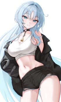 1girl absurdres bare_shoulders black_choker black_jacket black_shorts blue_eyes blue_hair blue_streaks braid breasts chain choker cleavage closed_mouth collarbone commentary commission crop_top cutoffs hair_between_eyes hair_intakes hand_on_own_hip heart heart_choker highres jacket large_breasts long_hair long_sleeves looking_at_viewer midriff multicolored_hair navel off_shoulder open_clothes open_jacket original parted_bangs shirt short_shorts shorts side_ahoge simple_background sleeveless smile solo standing streaked_hair thighs torn_clothes torn_shorts very_long_hair white_background zzirit6