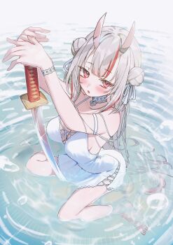 Rule 34 | 1girl, absurdres, alternate costume, barefoot, blush, breasts, center-flap bangs, choker, cleavage, commentary request, cross-laced clothes, cross-laced dress, double bun, dress, full body, gradient hair, grey hair, hair between horns, hair bun, highres, holding, holding sword, holding weapon, hololive, horns, long hair, looking at viewer, medium breasts, multicolored hair, nakiri ayame, oni, open mouth, planted, planted sword, planted weapon, red eyes, red hair, short dress, side up bun, sitting, skin-covered horns, sleeveless, sleeveless dress, solo, streaked hair, sword, takeno omoti, two side up, very long hair, virtual youtuber, wariza, water, weapon, white choker, white dress