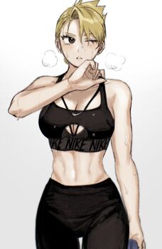 1girl abs blonde_hair breasts brown_eyes earrings exercising fullmetal_alchemist highres jewelry nike_(company) ozaki_(tsukiko3) pants riza_hawkeye sports_bra sweat tight_clothes tight_pants