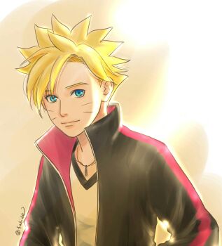 Rule 34 | 1boy, black jacket, blonde hair, blue eyes, boruto: naruto next generations, commentary request, facial mark, highres, jacket, jewelry, male focus, matsu (fu6ide2), naruto (series), necklace, shirt, smile, solo, twitter username, upper body, uzumaki boruto, whisker markings, white shirt