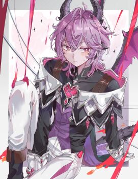 1boy black_horns blush closed_mouth commentary crossed_bangs english_commentary facial_mark forehead_mark genshin_impact gloves hair_between_eyes heart-shaped_gem highres horns knee_up male_focus mandarin_collar medium_hair mini_durin_(genshin_impact) mini_durin_(human)_(genshin_impact) pants pink_hair red_eyes sitting solo sweatdrop tail vanillashiii white_gloves white_pants wings