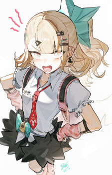 1girl absurdres asymmetrical_bangs backpack bag bandaid bandaid_hair_ornament belt black_skirt blonde_hair blunt_bangs blush bow breast_pocket character_request chinese_commentary collarbone collared_shirt commentary dress_shirt earrings fang feet_out_of_frame frilled_sleeves frills frown hair_ornament hairclip hands_on_own_hips heart heart_hair_ornament highres jewelry juliet_sleeves leg_warmers long_hair long_sleeves loose_necktie necktie open_mouth pink_arm_warmers pink_bag pink_eyes pink_leg_warmers pocket ponytail puffy_sleeves red_necktie shirt short_sleeves simple_background skirt solo tearing_up teddy_bear_hair_ornament waist_bow white_background white_belt white_shirt x_hair_ornament yisjhui zenless_zone_zero