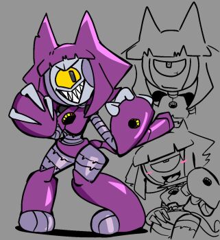1girl animal_ears blush cat_ears gameoverse glitch_productions malice_(gameoverse) mecha_girl one-eyed purple_hair robot_girl sharp_teeth solo teeth