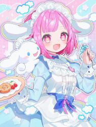 Rule 34 | 1girl, absurdres, apron, badge, blue background, blue bow, blue bowtie, blue dress, blush, border, bow, bowtie, button badge, buttoned cuffs, center frills, checkered background, cinnamoroll, commentary, dress, food, frills, fruit, fuinagi (huyuu mm), gem, gradient background, highres, holding, holding spoon, holding tray, icing, long sleeves, maid headdress, medium hair, multicolored background, ootori emu, open mouth, pastry, pink background, pink eyes, pink hair, pink ribbon, project sekai, purple gemstone, ribbon, sanrio, sleeve cuffs, smile, sparkle, spoon, star (symbol), star in eye, strawberry, symbol-only commentary, symbol in eye, tray, twitter username, white apron, white border, white headdress