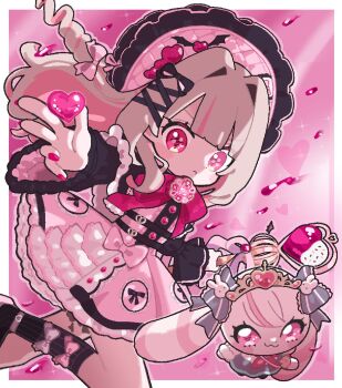 Rule 34 | 1girl, :<, ankle strap, belt, black belt, black capelet, black ribbon, black sleeves, black socks, blunt bangs, blush stickers, bonnet, border, bow, bow legwear, brooch, buttons, capelet, colored inner hair, deformed, dress, drill hair, feet out of frame, floating hair, frilled bonnet, frilled capelet, frilled dress, frilled sleeves, frills, from side, grey hair, hair intakes, hair ornament, hair ribbon, heart, heart background, heart brooch, heart wand, highres, holding, holding heart, holding wand, jewelry, knee up, long hair, long sleeves, looking at viewer, magical girl, makaino ririmu, mascot, multicolored hair, multiple belts, nail polish, neck ribbon, nijisanji, official alternate costume, official alternate hairstyle, outside border, petticoat, pink background, pink bow, pink dress, pink hair, pink ribbon, pink streaks, pointy ears, pooop hrsz, puffy long sleeves, puffy sleeves, reaching, reaching towards viewer, red eyes, red nails, red ribbon, ribbon, sidelocks, socks, solo, sparkle background, star-shaped pupils, star (symbol), streaked hair, symbol-shaped pupils, two-tone hair, two side up, v-shaped eyebrows, virtual youtuber, wand, white border, white bow, winged heart, x hair ornament