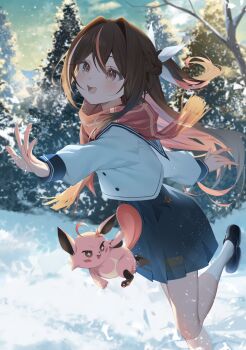 Rule 34 | 1girl, :d, azki (hololive), black hair, black shoes, blue sailor collar, blue skirt, blurry, blurry foreground, braid, buttons, colored inner hair, commentary request, cosplay, day, double-breasted, double-parted bangs, hair intakes, hair ornament, hairclip, half up half down braid, high-waist skirt, highres, hololive, kazama iroha, kazama iroha (cosplay), kazama iroha (school uniform), long hair, long sleeves, miniskirt, multicolored hair, open mouth, outdoors, outstretched arms, pink hair, pink scarf, pioneer (azki), pleated skirt, puffy long sleeves, puffy sleeves, purple eyes, revision, ryuya, sailor collar, scarf, school uniform, serafuku, shirt, shoes, skirt, smile, snow, socks, solo, streaked hair, tripping, very long hair, virtual youtuber, white hair, white shirt, white socks