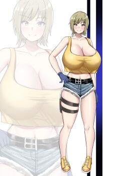 1girl absurdres alternate_breast_size_(larger) arm_at_side bare_arms belt blonde_hair blue_gloves blue_shorts blush breasts cleavage closed_mouth commentary_request commission full_body gloves hand_on_own_hip highres holster huge_breasts linda_rotta looking_at_viewer navel pixiv_commission sakurama_(sss_sakurama) shoes short_hair short_shorts shorts smile standing tank_top thigh_holster thighs white_background yellow_shoes yellow_tank_top yellow_wings zombie_revenge zoom_layer